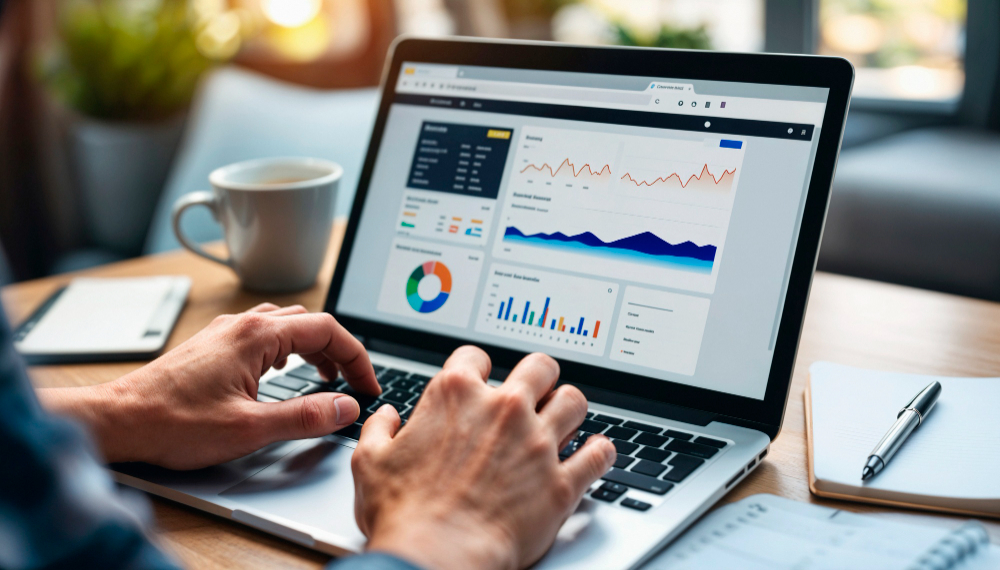Business owner reviewing website analytics on a laptop