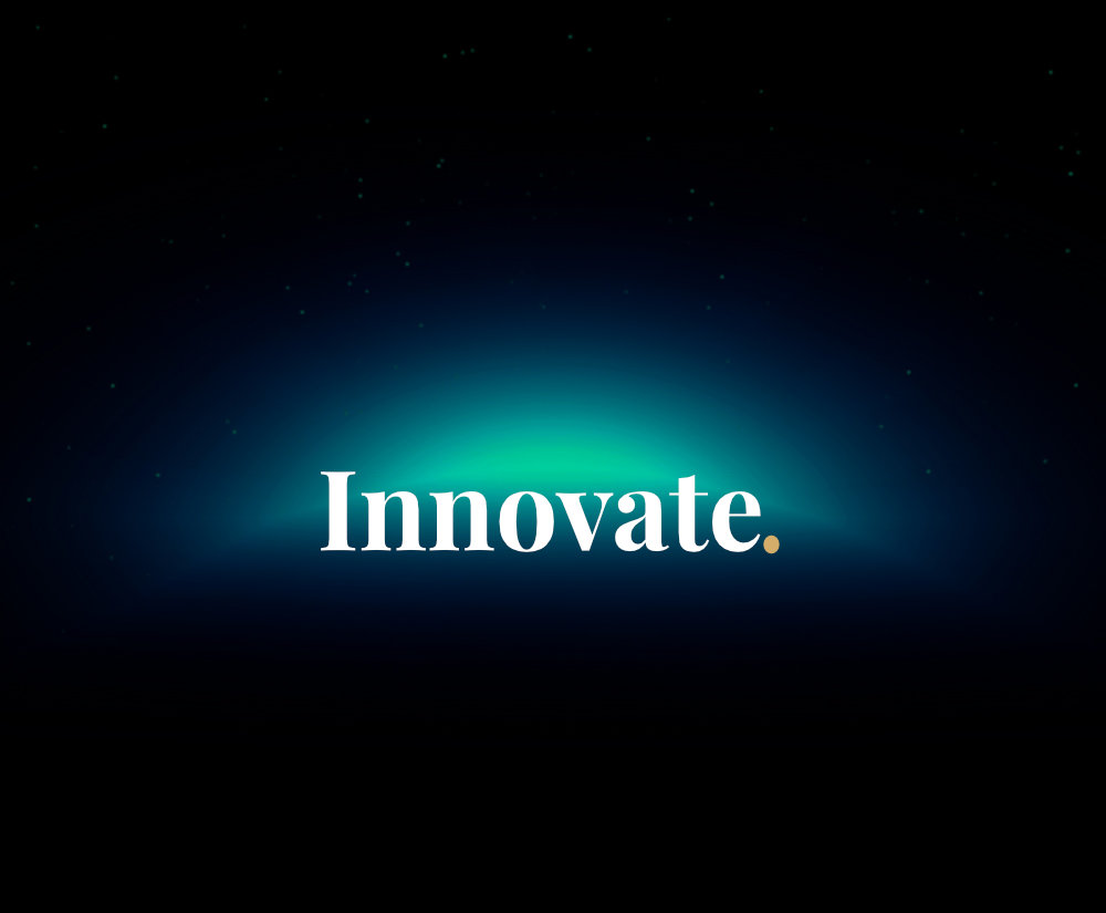 The word Innovate in serif type glowing teal against a dark starfield background