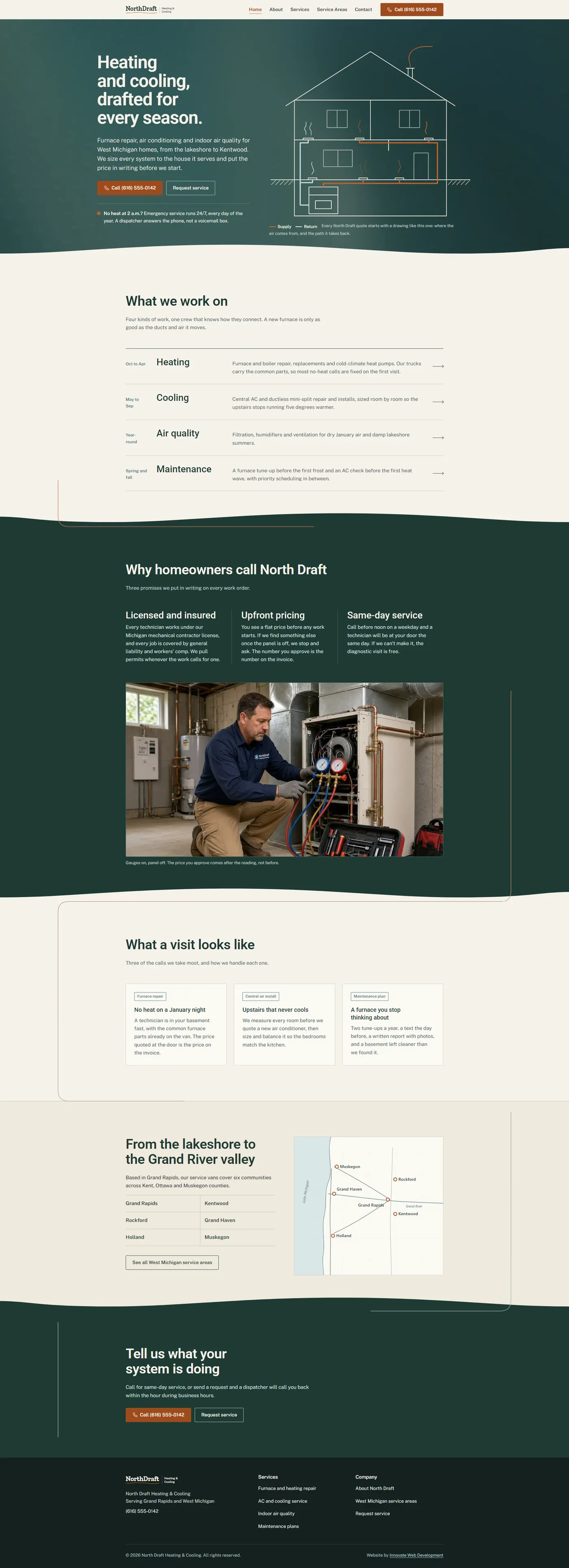 North Draft website, full homepage from header to footer